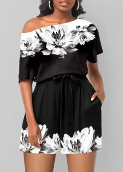 Double Side Pockets Floral Print Black Romper