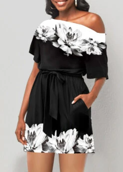 Double Side Pockets Floral Print Black Romper -Rosewe Promotion Store 306062 P 1655429340515