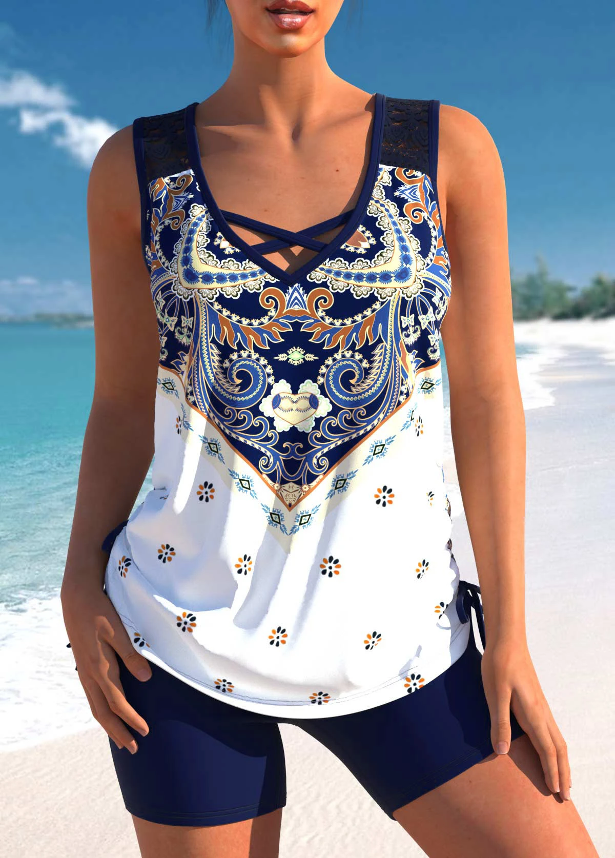 Navy Blue Tribal Print Cross Strap Tankini Set 3 Navy Blue Tribal Print Cross Strap Tankini Set
