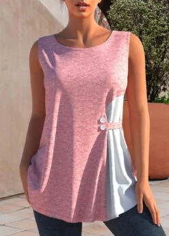 Co Contrast Decorative Button Light Pink Tank Top