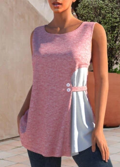 Co Contrast Decorative Button Light Pink Tank Top -Rosewe Promotion Store 306256 P 1654855187929