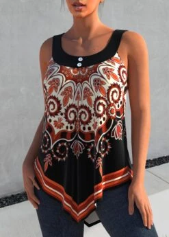 Tribal Print Asymmetric Hem Orange Tank Top -Rosewe Promotion Store 306257 P 1653898775457