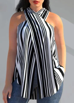 Black Cross Halter Striped Tank Top