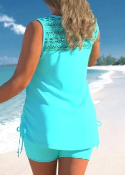 Cyan Lace Patchwork Cross Strap Tankini Set 12 Cyan Lace Patchwork Cross Strap Tankini Set -Rosewe Promotion Store 306320 P 1653962677109