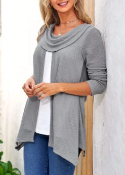 Grey Cowl Neck Contrast Faux Two Piece Sweatshirt -Rosewe Promotion Store 306940 P 16617604077593