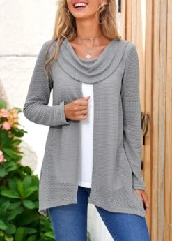 Grey Cowl Neck Contrast Faux Two Piece Sweatshirt