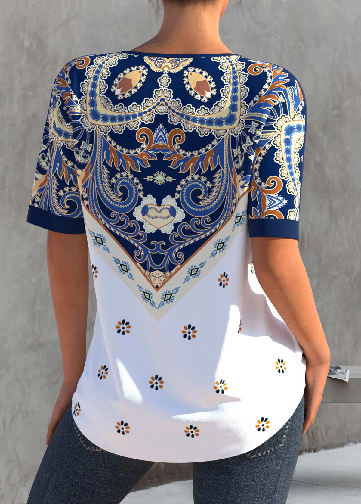 Navy Blue Split Neck Tribal Print Blouse 4 Navy Blue Split Neck Tribal Print Blouse - Image 2