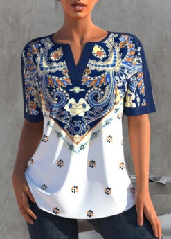 Navy Blue Split Neck Tribal Print Blouse