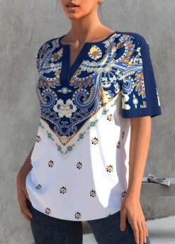 Navy Blue Split Neck Tribal Print Blouse 7 Navy Blue Split Neck Tribal Print Blouse -Rosewe Promotion Store 307150 P 1656579048613