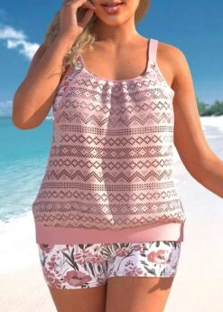 Plus Size Light Pink Floral Print Tankini Set
