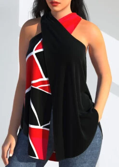 Halter Geometric Print Black Cross Tank Top -Rosewe Promotion Store 307381 P 1655364195302