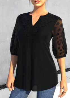 Mesh Stitching Lace Patchwork Black Blouse -Rosewe Promotion Store 307506 P 1657096399644