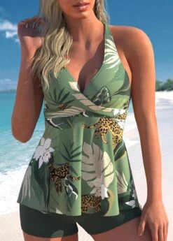 Sage Green Tropical Print Cross Front Tankini Set