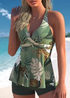 Sage Green Tropical Print Cross Front Tankini Set -Rosewe Promotion Store 307537 P 1655451517340