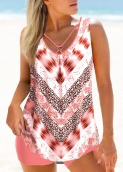 Leopard Chevron Print Cross Strap Pink Tankini Set