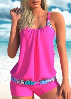 Wide Strap Geometric Print Hot Pink Tankini Set