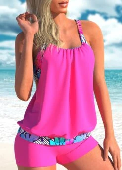 Wide Strap Geometric Print Hot Pink Tankini Set -Rosewe Promotion Store 307579 P 1655708500146