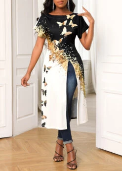 White Side Slit Butterfly Print Round Neck Blouse -Rosewe Promotion Store 307593 P 16575345410213