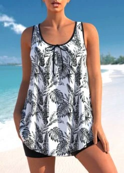 Black Tropical Print Bowknot Tankini Set