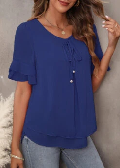 Layered Hem Navy Blue Tie Front T Shirt -Rosewe Promotion Store 307978 P 16563266070313