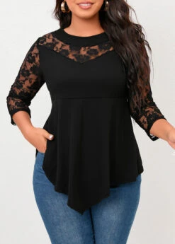 Plus Size Lace Stitching Asymmetric Hem Black T Shirt -Rosewe Promotion Store 308054 P 16577792441673