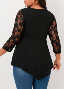 Plus Size Lace Stitching Asymmetric Hem Black T Shirt -Rosewe Promotion Store 308054 P 16577792443871