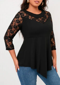 Plus Size Lace Stitching Asymmetric Hem Black T Shirt -Rosewe Promotion Store 308054 P 16577792444392
