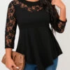 Plus Size Lace Stitching Asymmetric Hem Black T Shirt -Rosewe Promotion Store 308054 P 16577792447530