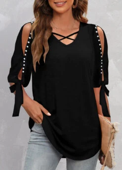 Black Plus Size Pearl Detail Cold Shoulder T Shirt -Rosewe Promotion Store 308087 P 1656402200937