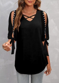 Black Plus Size Pearl Detail Cold Shoulder T Shirt -Rosewe Promotion Store 308087 P 1656402201206