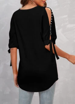 Black Plus Size Pearl Detail Cold Shoulder T Shirt -Rosewe Promotion Store 308087 P 1656402201404