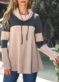 Drawstring Light Tan Cowl Neck Contrast Sweatshirt -Rosewe Promotion Store 308280 P 16601082956004