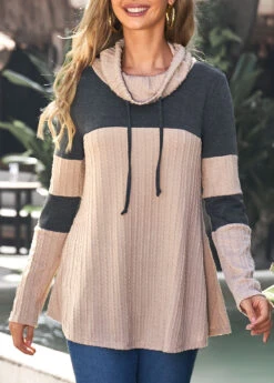 Drawstring Light Tan Cowl Neck Contrast Sweatshirt