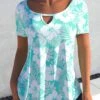Keyhole Neckline Floral Print Cyan T Shirt -Rosewe Promotion Store 308723 P 1658221440988