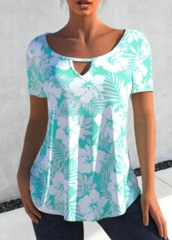 Keyhole Neckline Floral Print Cyan T Shirt