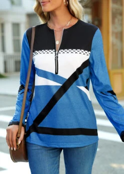 Quarter Zip Contrast Long Sleeve Black T Shirt 11 Quarter Zip Contrast Long Sleeve Black T Shirt -Rosewe Promotion Store 308834 P 16590024240884