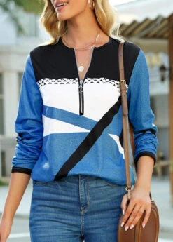 Quarter Zip Contrast Long Sleeve Black T Shirt 10 Quarter Zip Contrast Long Sleeve Black T Shirt -Rosewe Promotion Store 308834 P 16590024247910