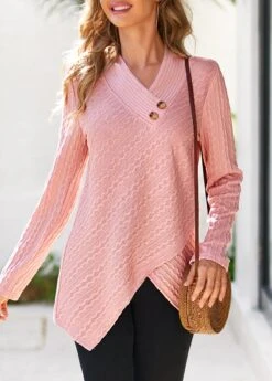 Dusty Pink V Neck Cross Hem Sweatshirt -Rosewe Promotion Store 309001 P 16632365535483