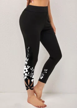 Floral Print Cutout Black Skinny Legging -Rosewe Promotion Store 309148 P 1658900847326