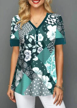 V Neck Blackish Green Short Sleeve Blouse