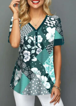 V Neck Blackish Green Short Sleeve Blouse -Rosewe Promotion Store 309220 P 1657694135967