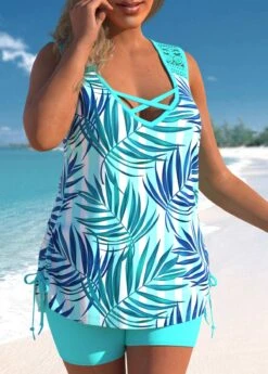 Cyan Plus Size Tropical Print Lace Stitching Tankini Set -Rosewe Promotion Store 309553 P 1658109937182
