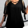 Black Plus Size Pearl Detail Cold Shoulder T Shirt -Rosewe Promotion Store 309608 P 1658129839255