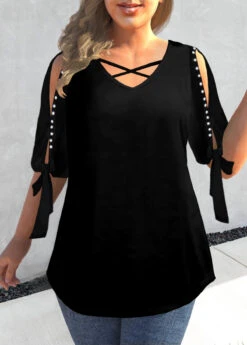 Black Plus Size Pearl Detail Cold Shoulder T Shirt