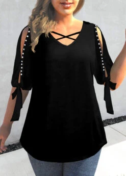 Black Plus Size Pearl Detail Cold Shoulder T Shirt -Rosewe Promotion Store 309608 P 1658129839702