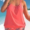 Leaf Print Coral Red Plus Size Blouson Tankini Set -Rosewe Promotion Store 309815 P 1658367538838
