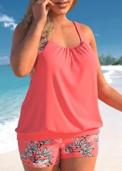 Leaf Print Coral Red Plus Size Blouson Tankini Set -Rosewe Promotion Store 309815 P 1658367539802