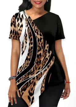 Leopard Asymmetric Hem Multi Color T Shirt -Rosewe Promotion Store 310071 P 1659583486685