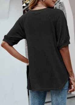 Decorative Button Half Sleeve Black T Shirt -Rosewe Promotion Store 310571 P 1659336261842