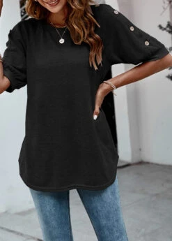 Decorative Button Half Sleeve Black T Shirt -Rosewe Promotion Store 310571 P 1659336262260